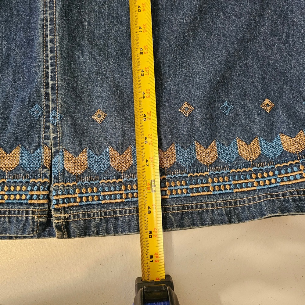 90s Y2K Denim Jumper Maxi Dress L Blue Lace Up Embroidered Cottagecore Modest - Picture 11 of 11